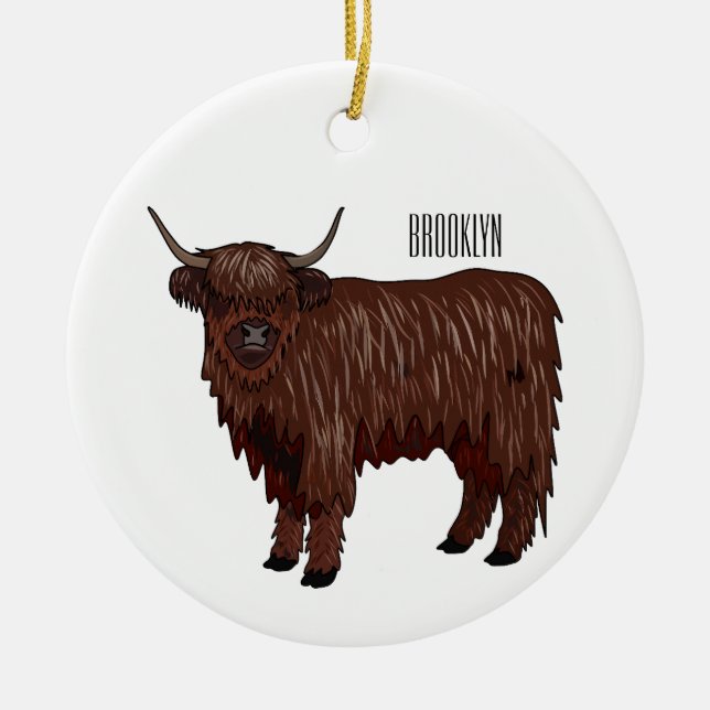 Highland cow cartoon illustration  ceramic tree decoration (Front)