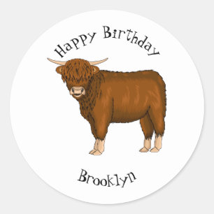 Highland cow cartoon illustration  classic round sticker