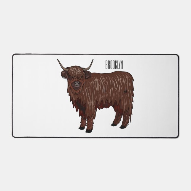 Highland cow cartoon illustration  desk mat (Front)