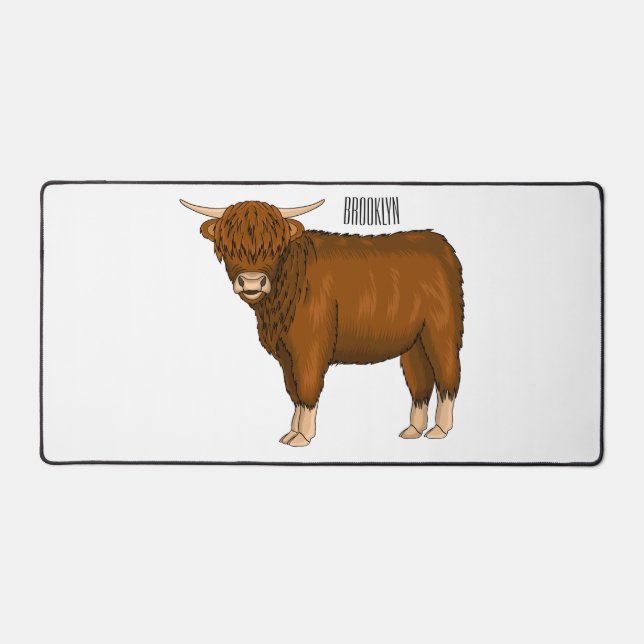 Highland cow cartoon illustration desk mat (Front)