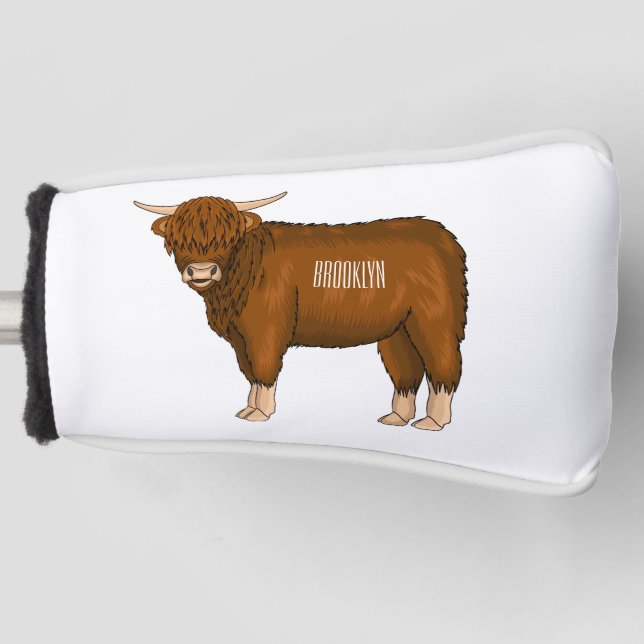 Highland cow cartoon illustration golf head cover (Front)