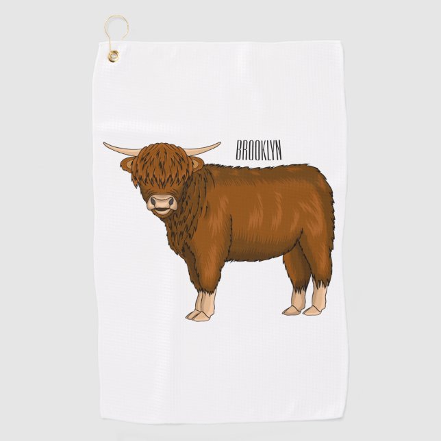 Highland cow cartoon illustration golf towel (Front)