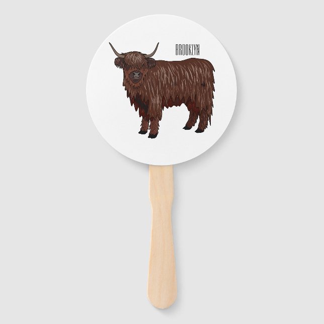 Highland cow cartoon illustration  hand fan (Front)