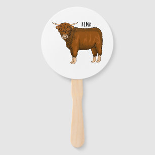 Highland cow cartoon illustration  hand fan