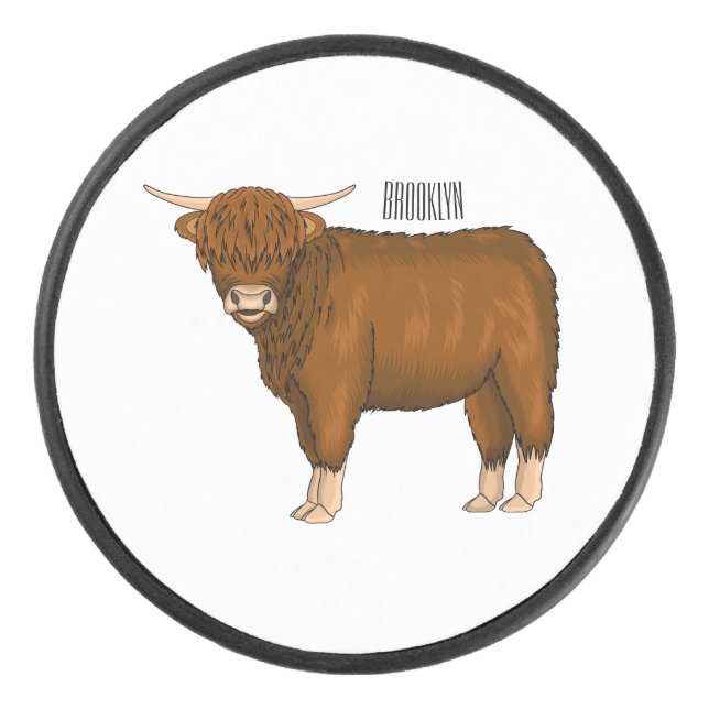 Highland cow cartoon illustration  hockey puck (Front)