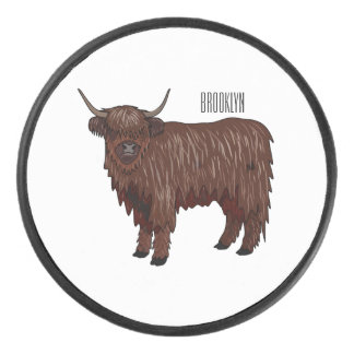 Highland cow cartoon illustration  hockey puck