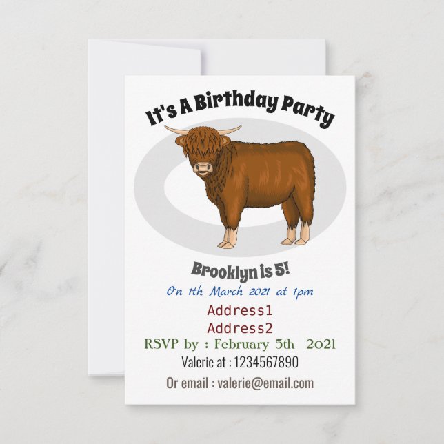 Highland cow cartoon illustration invitation (Front)