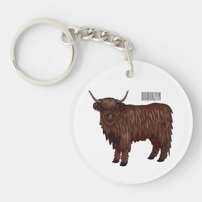 Highland cow cartoon illustration  key ring (Front)