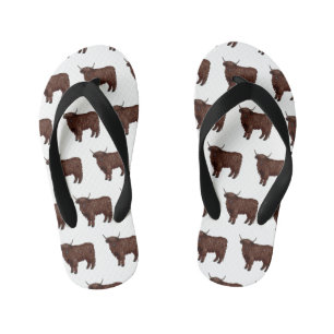 Highland cow cartoon illustration kid's flip flops