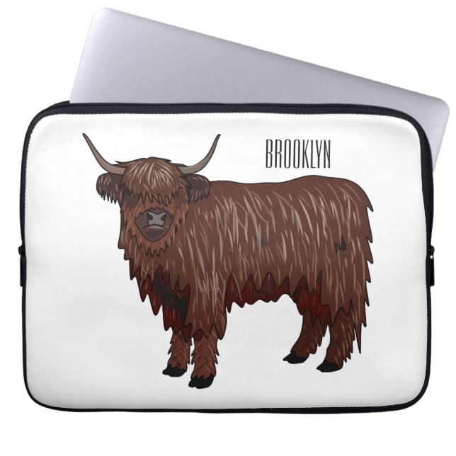 Highland cow cartoon illustration  laptop sleeve (Front)