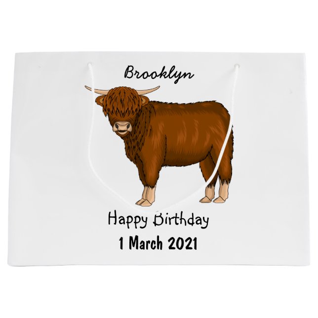 Highland cow cartoon illustration large gift bag (Front)