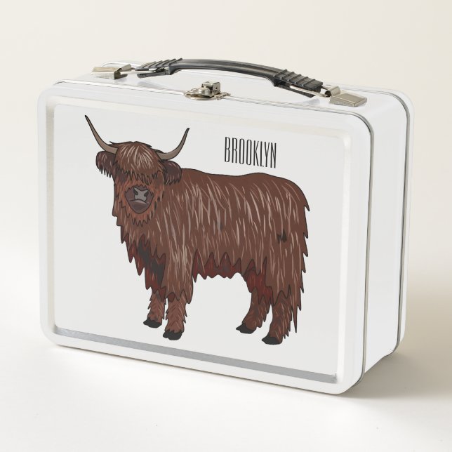 Highland cow cartoon illustration  metal lunch box (Front)