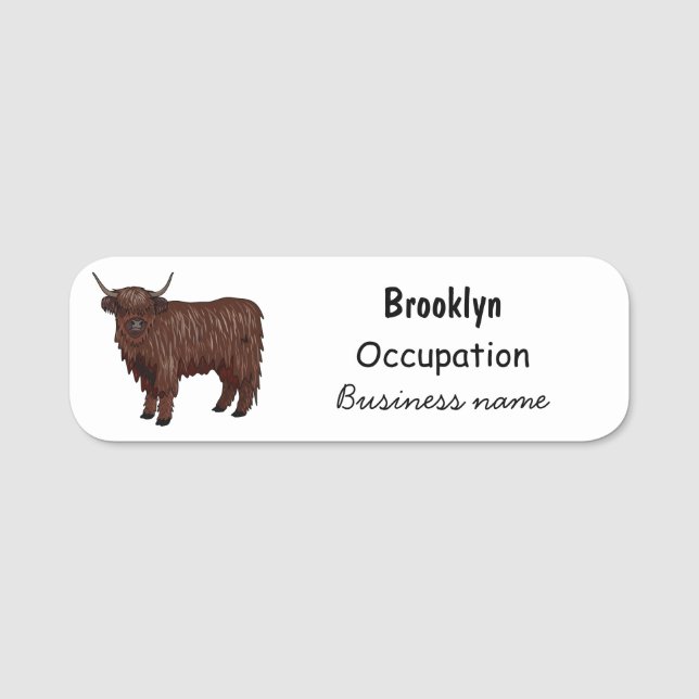 Highland cow cartoon illustration name tag (Front)