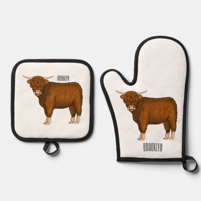 Highland cow cartoon illustration  oven mitt & pot holder set (Front)