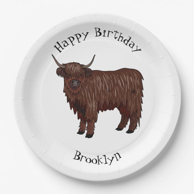 Highland cow cartoon illustration paper plate (Front)