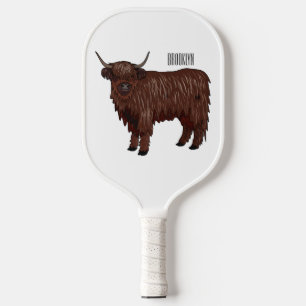 Highland cow cartoon illustration pickleball paddle
