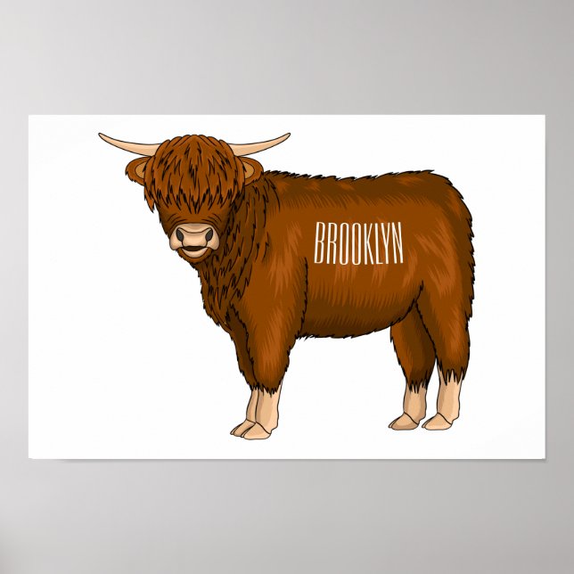 Highland cow cartoon illustration poster (Front)
