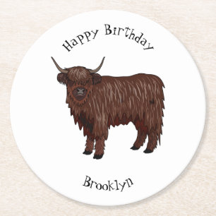 Highland cow cartoon illustration round paper coaster