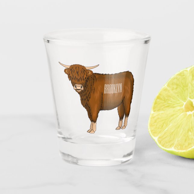 Highland cow cartoon illustration  shot glass (Front)