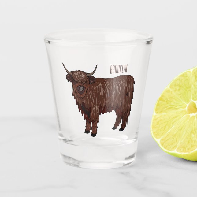 Highland cow cartoon illustration  shot glass (Front)