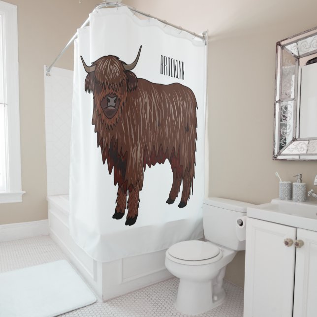 Highland cow cartoon illustration  shower curtain (In Situ)