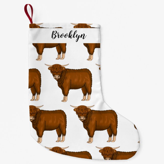 Highland cow cartoon illustration small christmas stocking (Front)