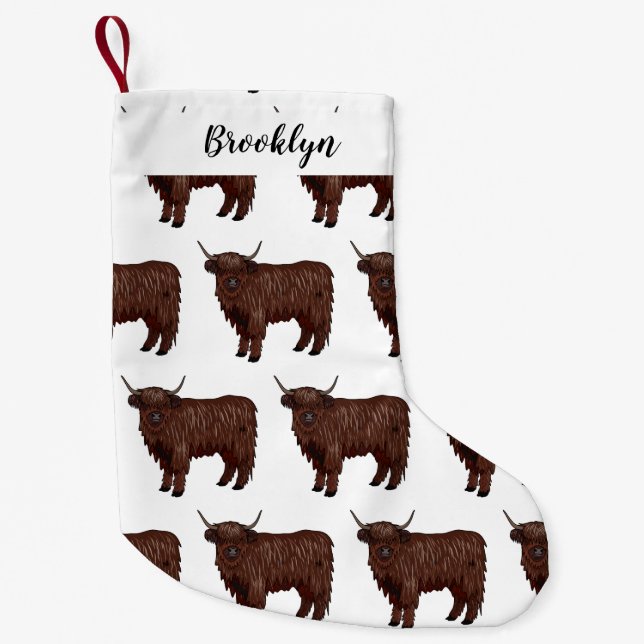 Highland cow cartoon illustration small christmas stocking (Front)