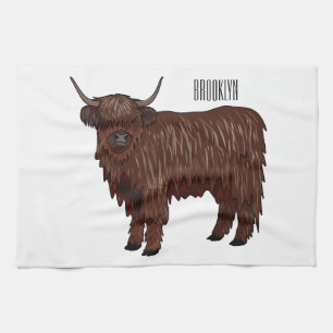 Highland cow cartoon illustration tea towel