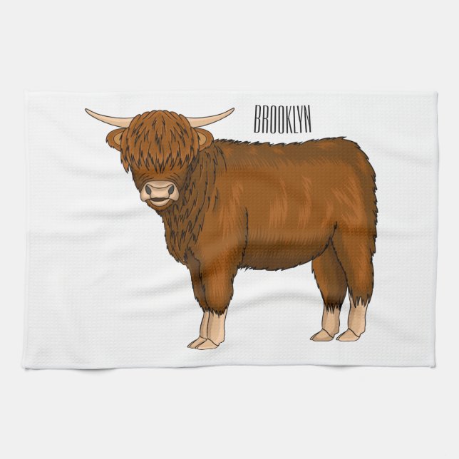 Highland cow cartoon illustration  tea towel (Horizontal)