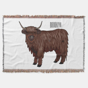 Highland cow cartoon illustration throw blanket