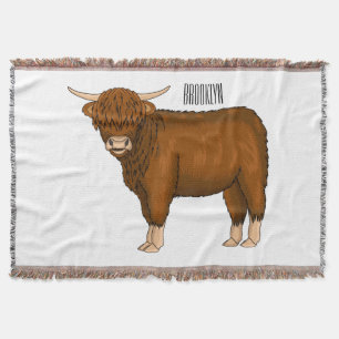 Highland cow cartoon illustration throw blanket