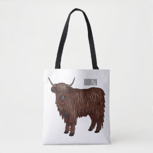 Highland cow cartoon illustration tote bag