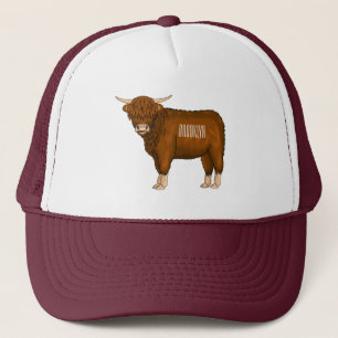 Highland cow cartoon illustration  trucker hat