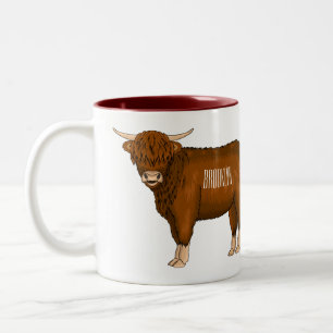 Highland cow cartoon illustration Two-Tone coffee mug