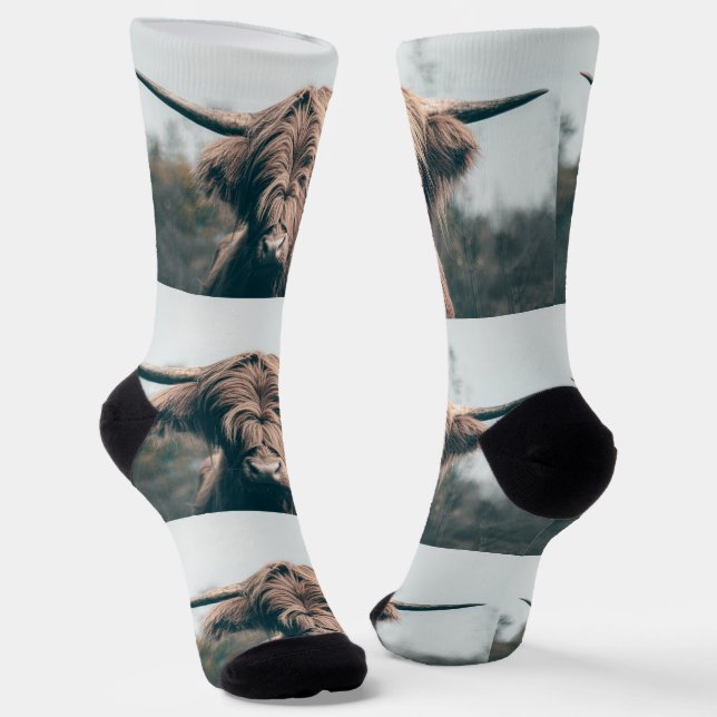 Highland cow cattle portrait rustic pattern socks (Angled)