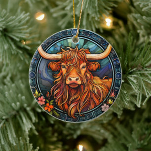 Highland Cow Ceramic Decorative Stained glass look Tree Decoration