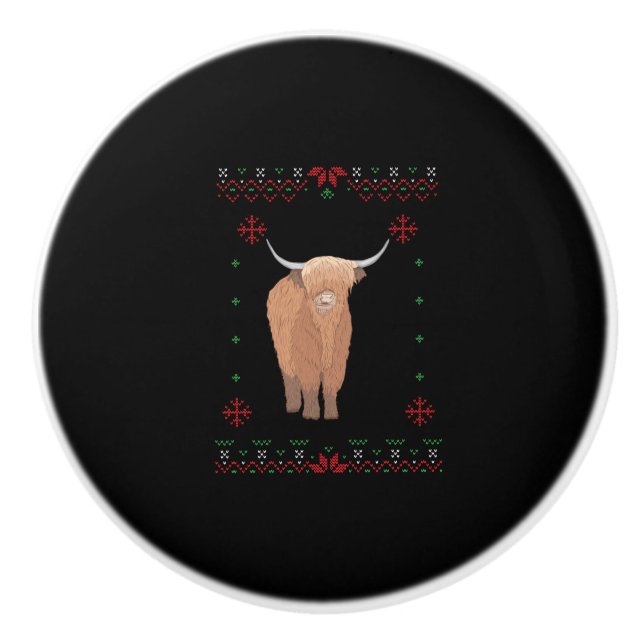 Highland Cow Christmas Ceramic Knob (Front)