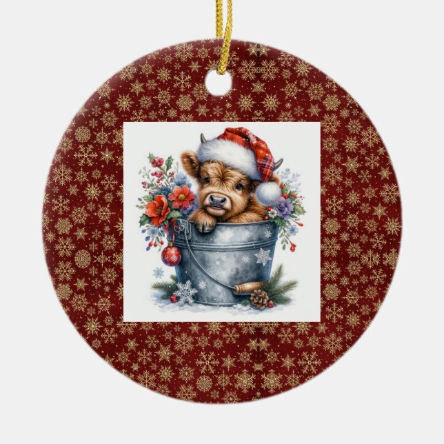 Highland Cow Christmas Ceramic Tree Decoration (Front)