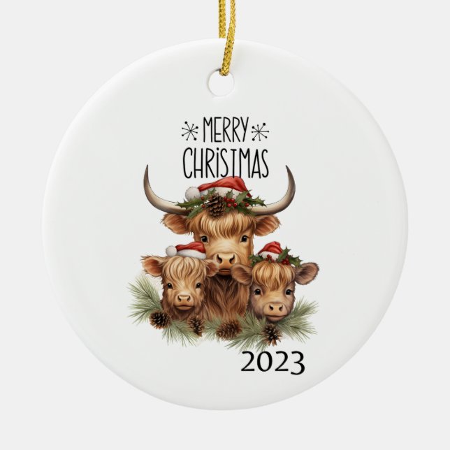 Highland Cow Christmas Ceramic Tree Decoration (Front)