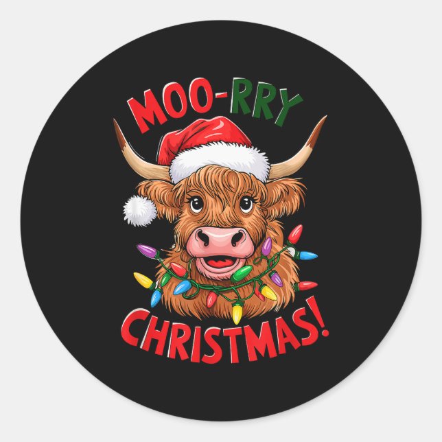 Highland Cow Christmas Pajama Moo Rry Cow Lover  Classic Round Sticker (Front)