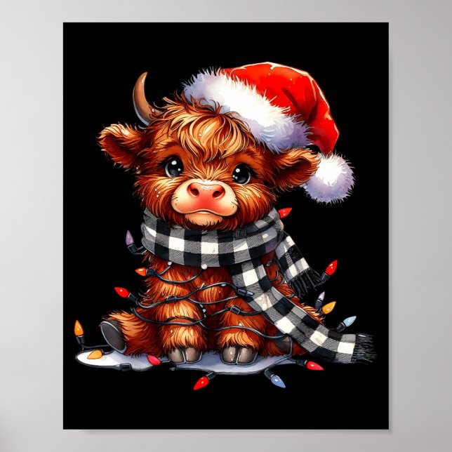 Highland Cow Christmas Santa Hat Mooey Xmas Heifer Poster (Front)