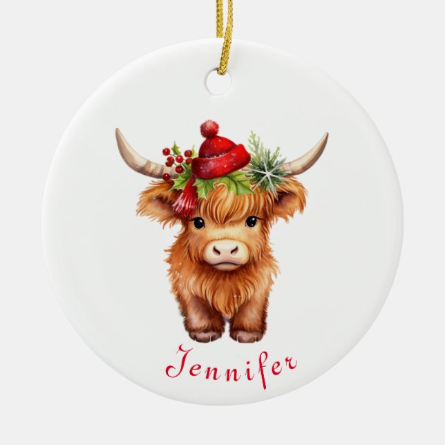 Highland Cow Christmas Santa Hat Personalised Ceramic Tree Decoration (Front)