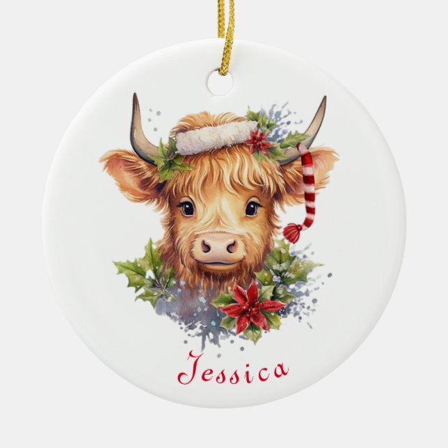 Highland Cow Christmas Santa Hat Personalised Ceramic Tree Decoration (Front)