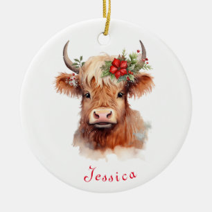 Highland Cow Christmas Santa Hat Personalised Name Ceramic Tree Decoration