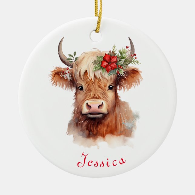 Highland Cow Christmas Santa Hat Personalised Name Ceramic Tree Decoration (Front)