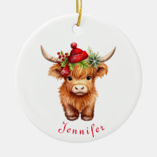 Highland Cow Christmas Santa Hat Personalized Ceramic Tree Decoration
