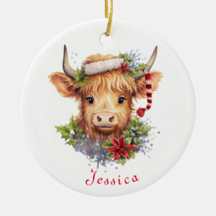 Highland Cow Christmas Santa Hat Personalized Ceramic Tree Decoration