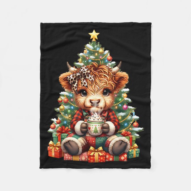 Highland Cow Christmas Tree Cute Heifer Cow Mooey  Fleece Blanket (Front)