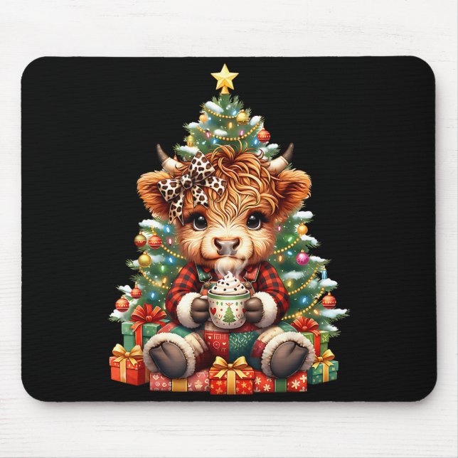 Highland Cow Christmas Tree Cute Heifer Cow Mooey  Mouse Mat (Front)