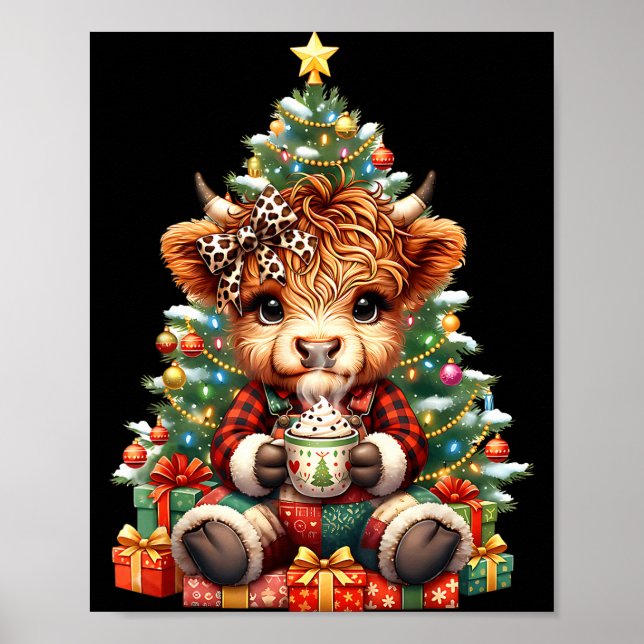 Highland Cow Christmas Tree Cute Heifer Cow Mooey  Poster (Front)